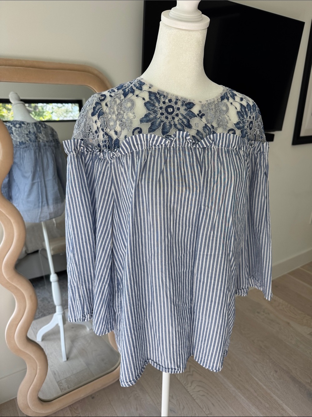 Striped Blue Lace Yoke Women's Top BCBG MAXAZRIA
